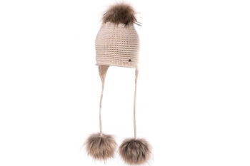 Jamiks BASIA czapka z trzema pomponami warkocze beżowa