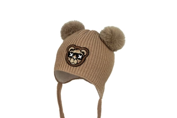 Jamiks BASIMAN czapka dla chłopca dwa pompony karmel