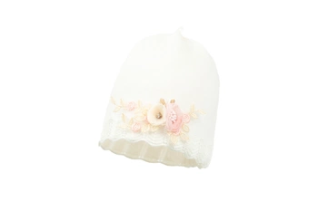 Jamiks KLARA czapka kwiatki dla dziewczynki chrzest ecru